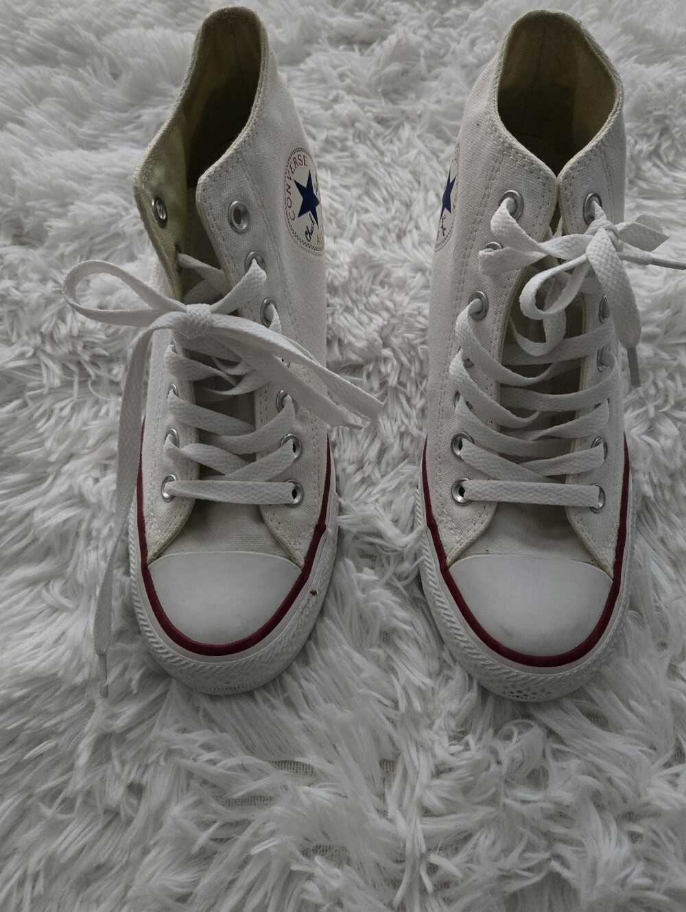 Converse  White High-Top Wedge Sneakers with Red Trim and Blue Star